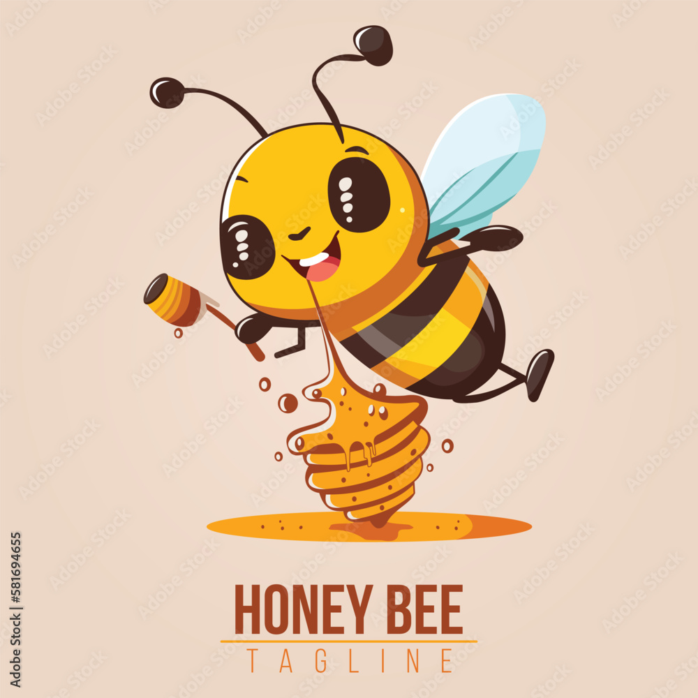 Honey Bee Logo Cartoon Character. Bee flying with a delicious honey. Vector logo illustration. Honey Bee Logo Cartoon Character. Bee flying with a delicious honey. Vector logo illustration.