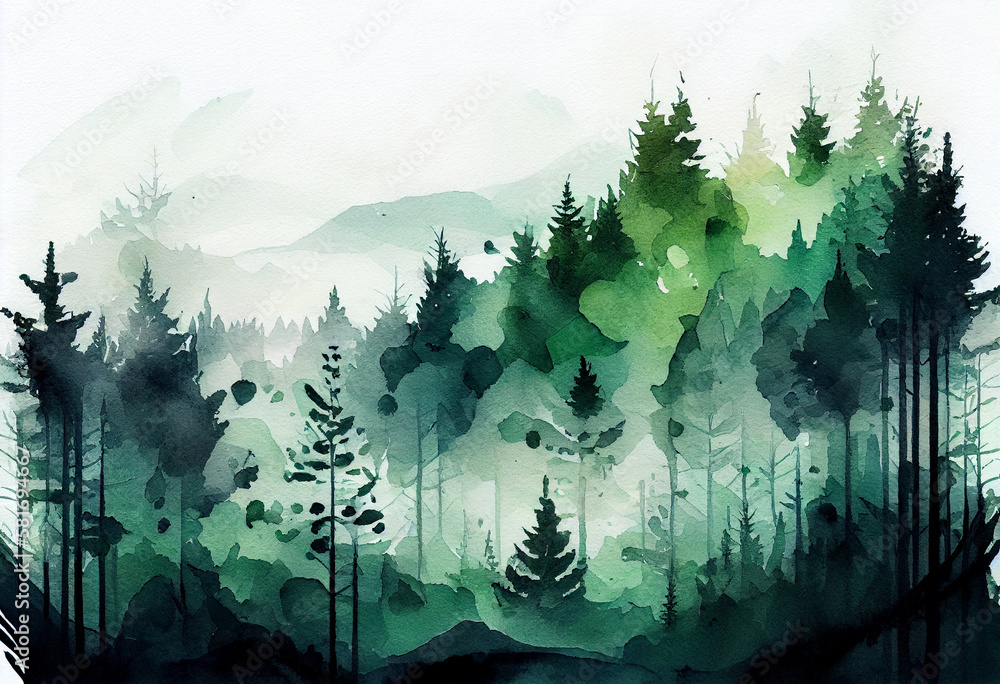 Obraz premium landscape of foggy forest, spring hill. Wild nature, frozen, misty, taiga. watercolor background. generative ai 