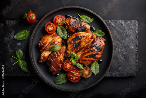 Chicken Wings Spicy Grilled With Tomato Sauce On Stone Plate - Generative AI