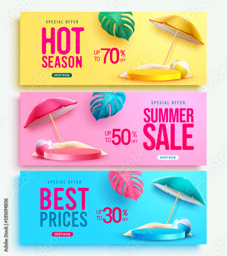 Summer sale banner set design. Summer sale text with promo discount for product display. Vector illustration summer presentation.
