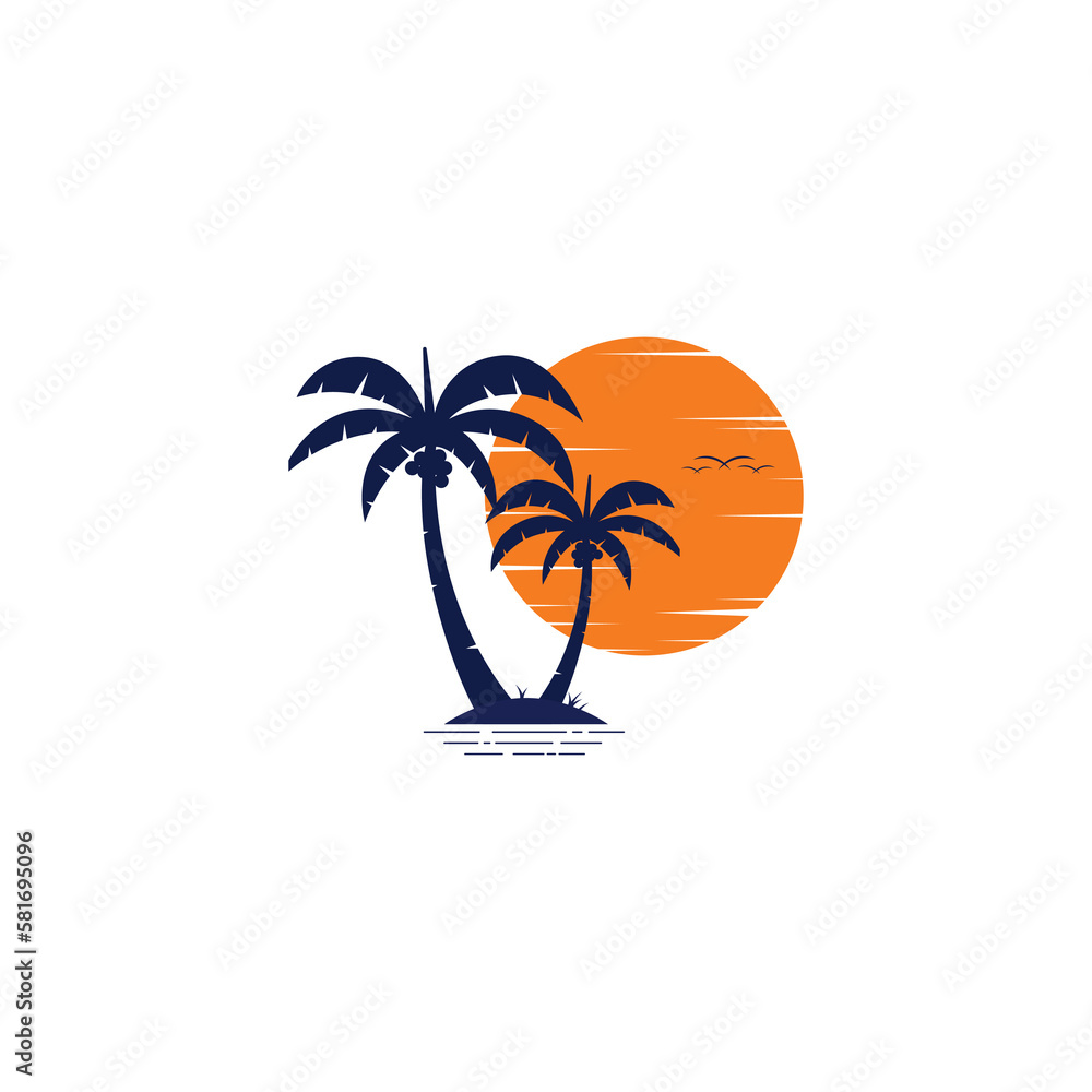 Coconut palm tree and sunset icon vector graphics