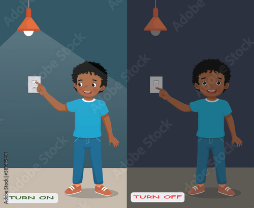 Opposite adjective antonym words turn on and turn off illustration of little African boy switch on and off the light explanation flashcard with text label