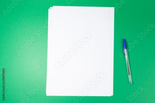 empty white paper sheet and a pen on green background. Mockup