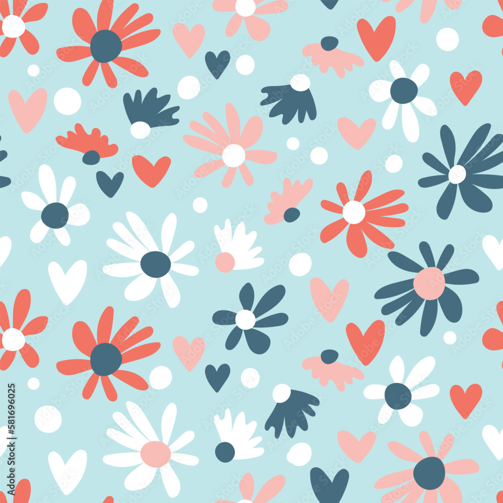 Seamless floral pattern based on traditional folk art ornaments. Colorful flowers on color background. Scandinavian style. Sweden nordic style. Vector illustration. Simple minimalistic pattern Seamless floral pattern based on traditional folk art ornaments. Colorful flowers on color background. Scandinavian style. Sweden nordic style. Vector illustration. Simple minimalistic pattern