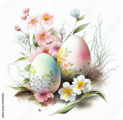 Eggs in wild flowers hand drawn watercolor illustration