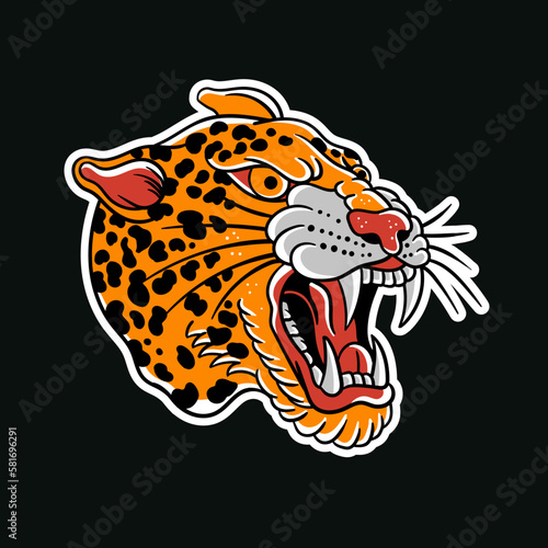 Hand drawn illustration of a leopard head traditional tattoo vector design
