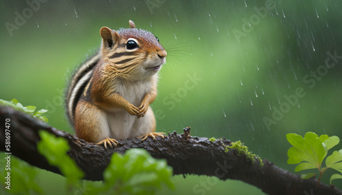 chipmunk in the rain sitting on a tree photo