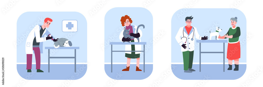 Set of different veterinarians examining dogs and cats. Animals healthcare service. Veterinary clinic. Medical center for domestic animals treatment. Vector Set of different veterinarians examining dogs and cats. Animals healthcare service. Veterinary clinic. Medical center for domestic animals treatment. Vector