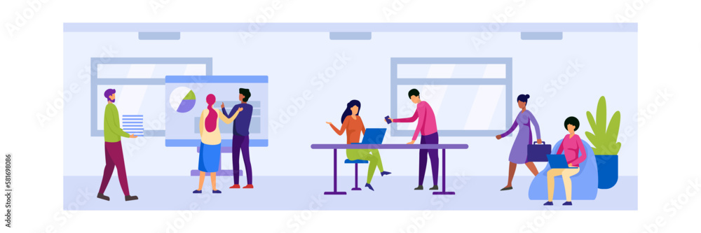Set of cartoon characters working together in open space. Multicultural team. Colleagues in office. Coworking center. Business people. Brainstorming ideas. Vector Set of cartoon characters working together in open space. Multicultural team. Colleagues in office. Coworking center. Business people. Brainstorming ideas. Vector