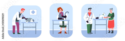 Set of different veterinarians examining dogs and cats. Animals healthcare service. Veterinary clinic. Medical center for domestic animals treatment. Vector