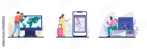 Group of cartoon characters planning their next vacation. Tourism and booking app. Travel equipment and luggage. Visiting sightseeing. Summer trip. Vector