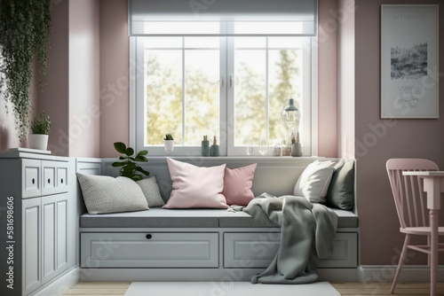Modern bedroom interior design. Cozy Built-in near the window with pillows. Super photo realistic background. Generative ai illustration © Anna