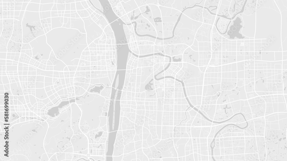 White and light grey Changsha city area vector background map, roads and water illustration. Widescreen proportion, digital flat design.