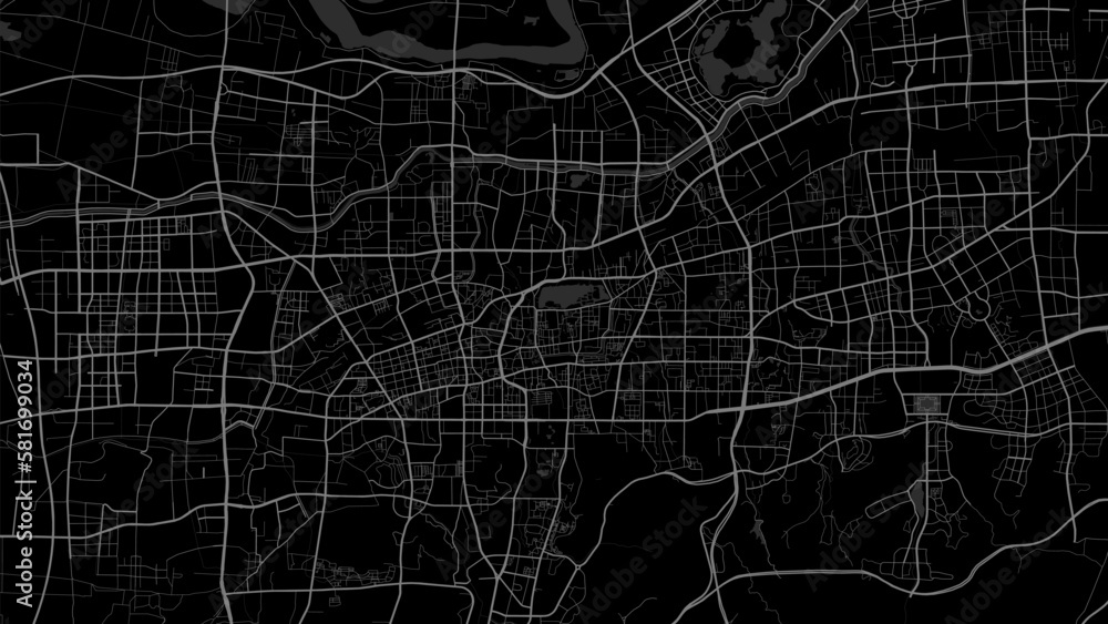 Dark black Jinan city area vector background map, roads and water illustration. Widescreen proportion, digital flat design.