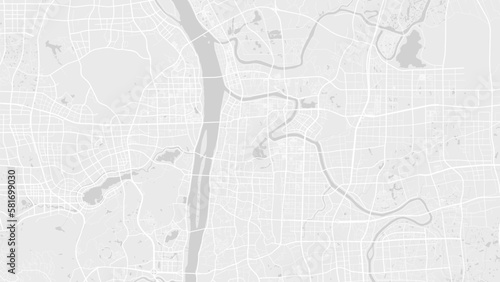 White and light grey Changsha city area vector background map, roads and water illustration. Widescreen proportion, digital flat design.