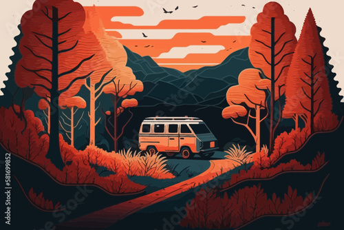 Summer concept. Nice van on the way to summer holidays through the beautiful valley. Vector art. Generative AI technology.