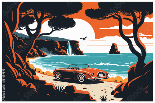 Summer concept. Nice roadster on the way to summer holidays on the coast. Vector art. Generative AI technology.