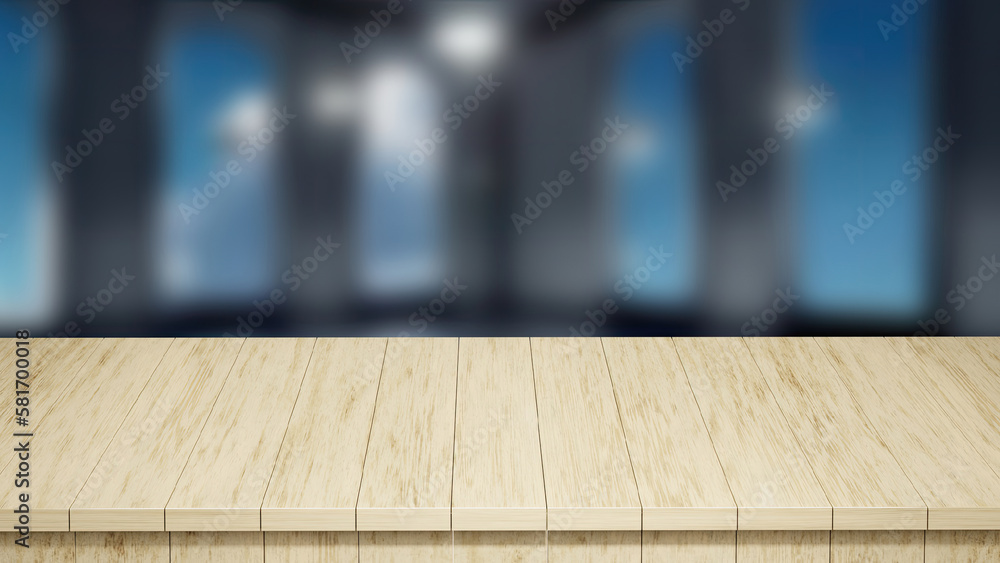 Realistic Wood Table top front view 3d render with a blurred background Realistic Wood Table top front view 3d render with a blurred background