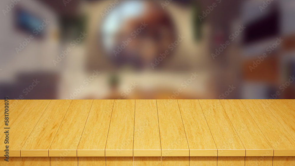 Realistic Wood Table top front view 3d render with a blurred background