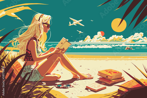 Summer concept. Girl on the way to summer holidays. Digital nomad. Vector art. Generative AI technology.