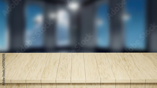 Realistic Wood Table top front view 3d render with a blurred background
