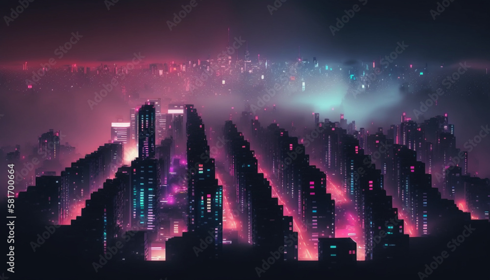 Stunning Aerial View of City at Night with Neon Lights as Dramatic Background