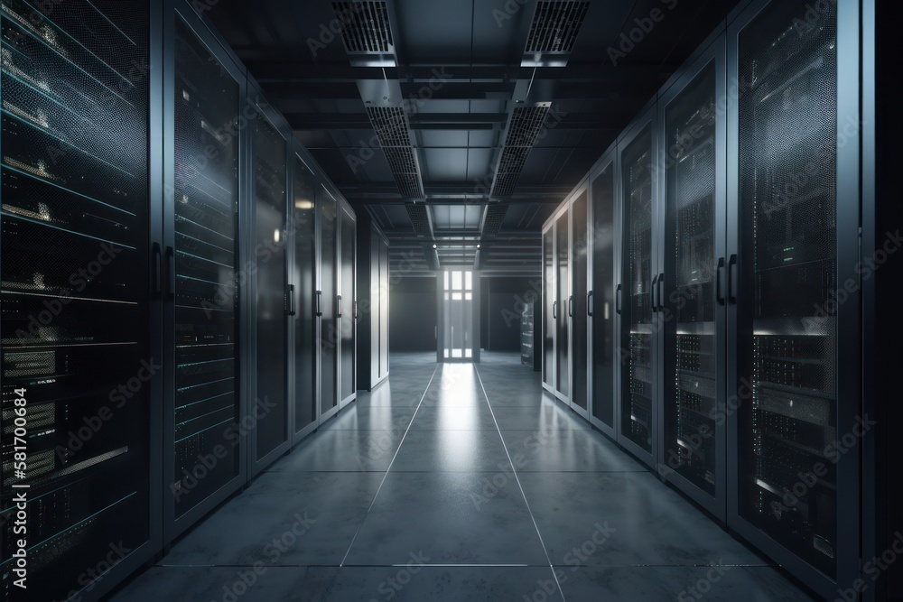 High tech data center with rows of servers, generative ai High tech data center with rows of servers, generative ai