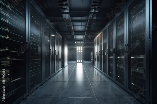 High tech data center with rows of servers, generative ai 