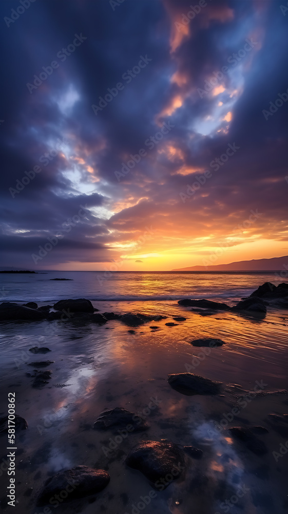 Generative ai illustration of Beautiful cloudy sunset over the rocky sea shore at evening Generative ai illustration of Beautiful cloudy sunset over the rocky sea shore at evening