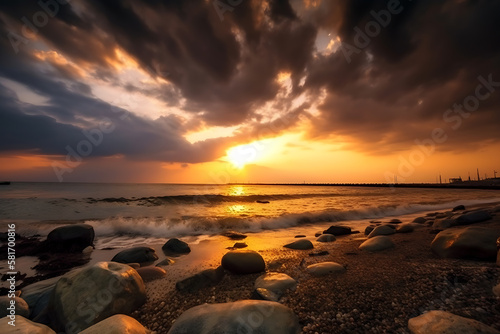 Generative ai illustration of Beautiful cloudy sunset over the rocky sea shore at evening 