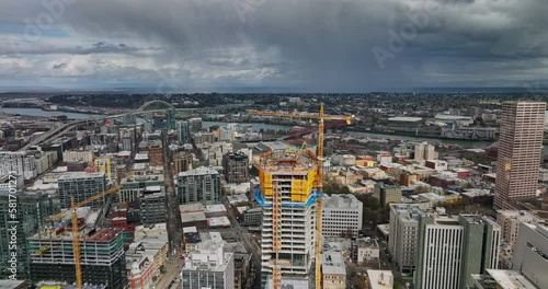 Wallpaper Mural Portland Oregon Aerial v101 flyover and around multiple downtown construction sites capturing urban cityscape and city new developments in Southwest neighborhood - Shot with Mavic 3 Cine - August 2022 Torontodigital.ca