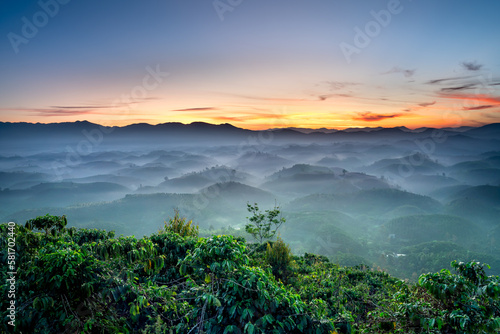 Fanciful scenery of an early morning when the sun rises over the Dai Lao mountain range, Bao Loc district, Lam Dong province, Vietnam
