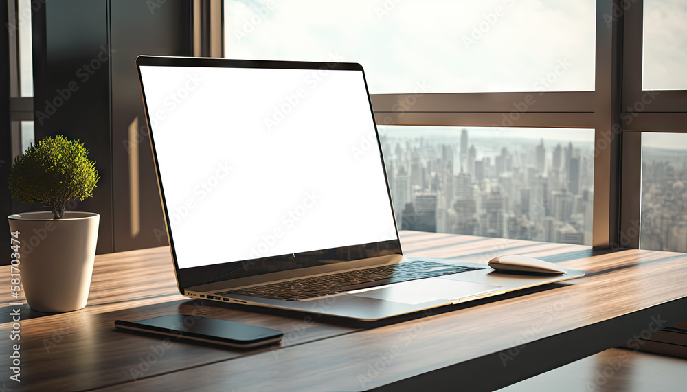 Mock up laptop computer on working table in modern room with city view in the background, Generative AI Mock up laptop computer on working table in modern room with city view in the background, Generative AI