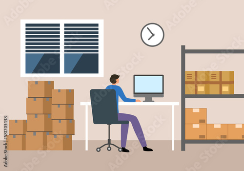 Man packing order for shipping to customer. He earn money from selling products via online store. Making money by online business concept vector illustration. Drop ship order company.