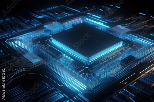 Abstract electronic circuit board background with motherboard and CPU and GPU, generative ai