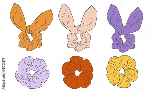 Scrunchie and hair tie illustration collection. Vector, hair accessories fashion flats and cute bundle.