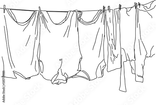 Outline sketch of clean linen and t-shirts drying on a line
