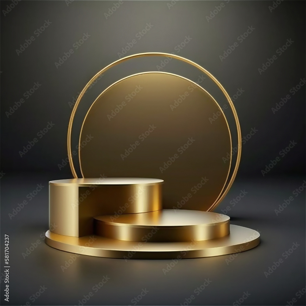 Empty gold 3d podium, stage background with geometric presentation platform, luxury pedestal, golden product stand display and premium round cosmetic, on dark backdrop. Generative AI.
