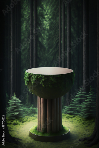 Wooden high round pedestal in the green forest, green trees around. Generative AI. photo