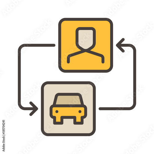 Carsharing vector Man and Car with Arrows concept colored icon