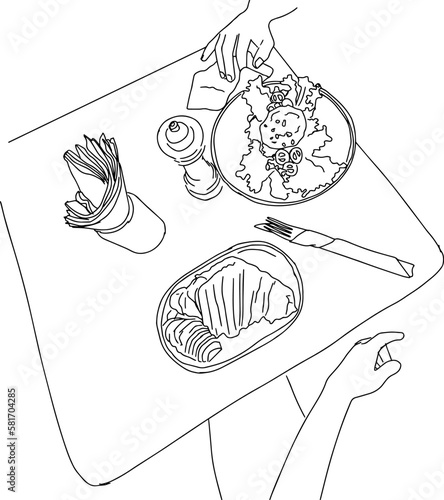 outline sketch of table with breakfast for two people view from above