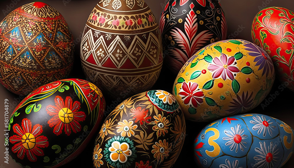 Ukrainian Easter eggs, close up. Generative AI. Ukrainian Easter eggs, close up. Generative AI.