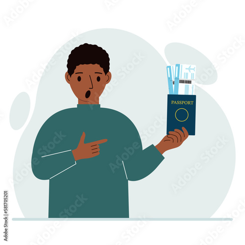 A man holds a passport with air tickets. The man shows the boarding pass. Travel concept.