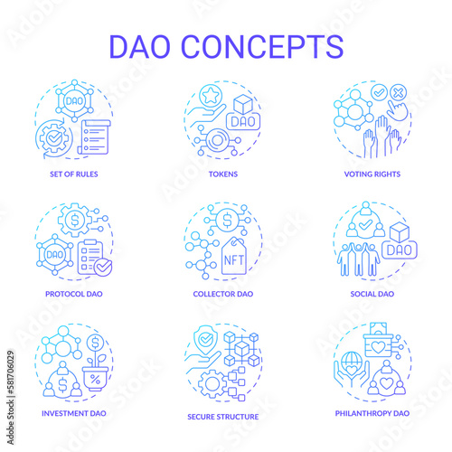 Decentralized autonomous organizations blue gradient concept icons set. No central leadership idea thin line color illustrations. Isolated symbols. Roboto-Medium, Myriad Pro-Bold fonts used