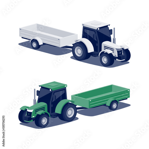 Isolated farming tractor with harvest trailer as agricultural equipment set. White and green tractor on white background. Isometric style vector illustration. Agriculture machinery for farm fieldwork. (ID: 581706293)