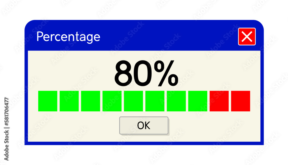 Fototapeta premium 80 percentage text on the computer window alert popup. Retro pc interface, vintage web browser alert, old screen vector illustration. 80/100