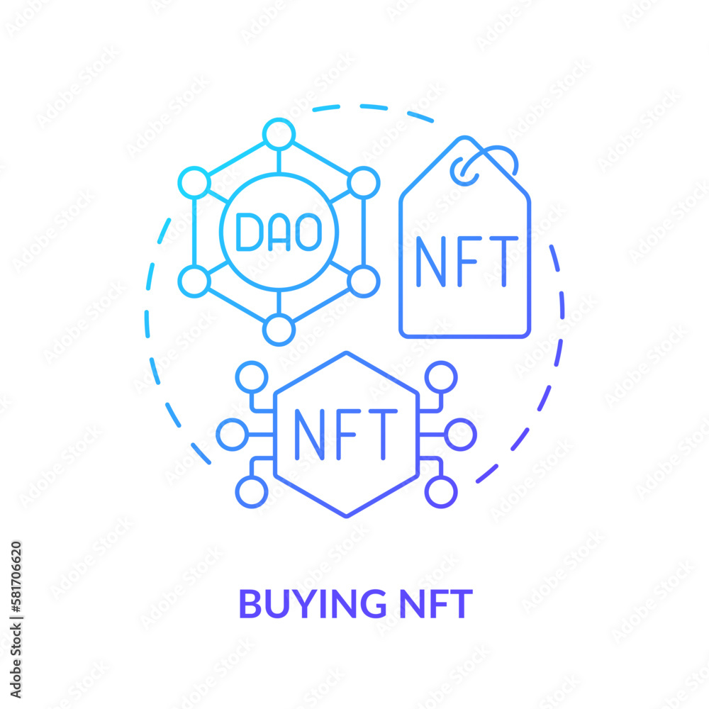 Buying NFT blue gradient concept icon. Unique virtual art market. Blockchain. DAO usage purpose abstract idea thin line illustration. Isolated outline drawing. Myriad Pro-Bold font used Buying NFT blue gradient concept icon. Unique virtual art market. Blockchain. DAO usage purpose abstract idea thin line illustration. Isolated outline drawing. Myriad Pro-Bold font used
