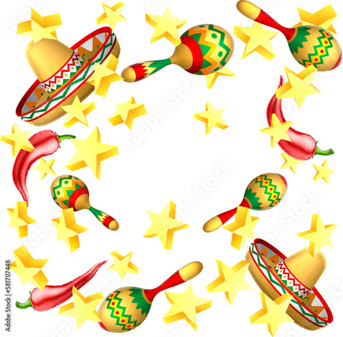 A Mexican Cinco de Mayo cartoon design with a sombrero hat, maracas rattles and peppers