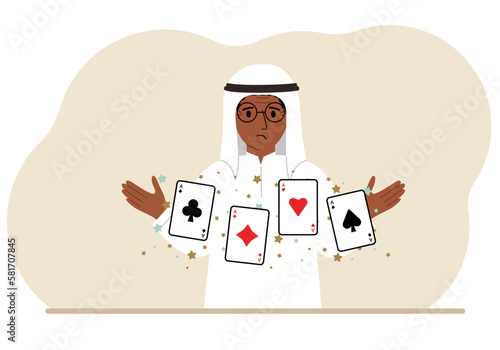 Man holding playing cards cards. Playing combination of 4 aces or four of a kind.
