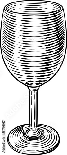 An empty wine glass illustration in a vintage woodcut etching style